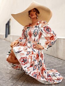 錦緞圖案挖肩打褶荷葉邊連衣裙 - 彩色 - 查看 4