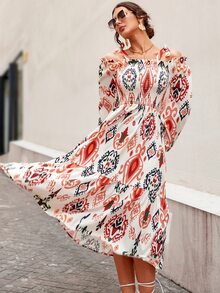 錦緞圖案挖肩打褶荷葉邊連衣裙 - 彩色 - 查看 6