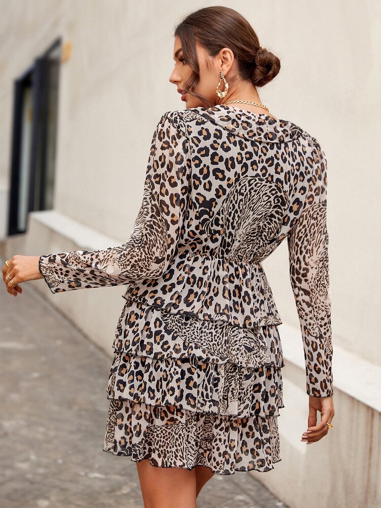 SHEIN Unity Leopard Print Ruffle Trim Layer Hem Chiffon Dress - Multicolor - View 2