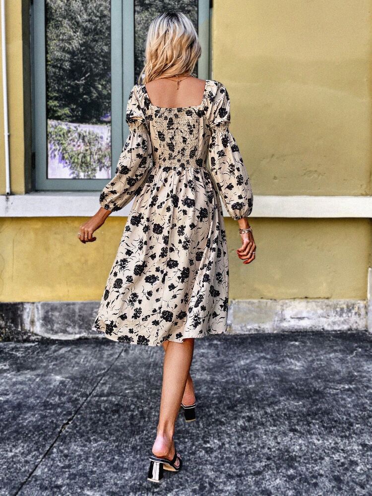 Vestido con estampado floral de manga farol de cuello cuadrado sin cinturón - Multicolor - Añade 2