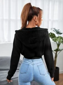 Zip Up Crop Hoodie - Black - View 2