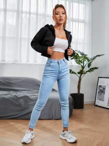 Zip Up Crop Hoodie - Black - View 3