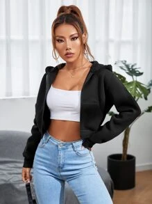 Zip Up Crop Hoodie - Black - View 5