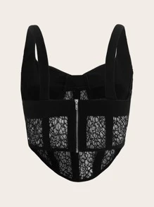 SHEIN Unity Áo hai dây Plus Size Bất đối xứng Tương phản ren cắt Dây kéo màu trơn Gợi cảm - màu đen - Xem 2