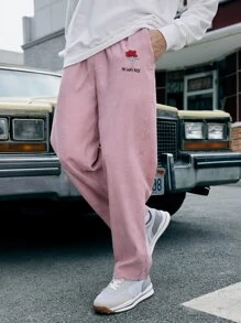 ROMWE MEN 男士花卉刺繡灯芯絨褲 - 粉色 - 查看 1