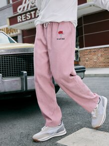 ROMWE MEN 男士花卉刺繡灯芯絨褲 - 粉色 - 查看 4