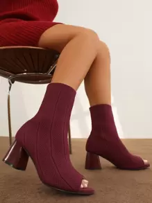 Cuccoo Minimalist Peep Toe Slip On Chunky Sock Boots - Burgundy - View 1