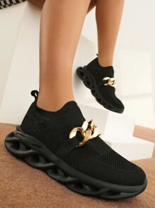 Chain Decor Knit Detail Running Shoes - Black - View 7