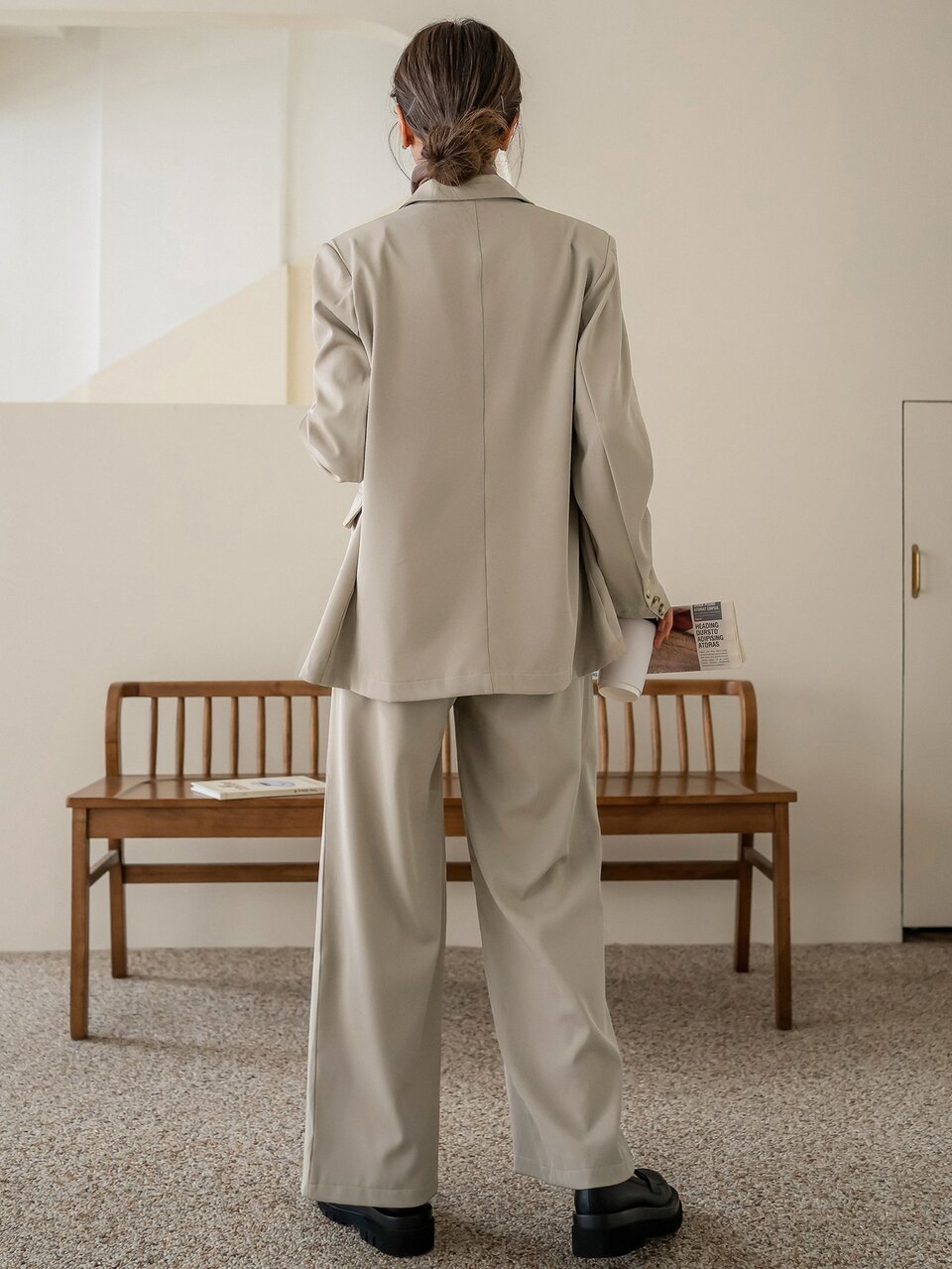 Single Breasted Blazer & High Waist Plicated Detail Tailored Pants