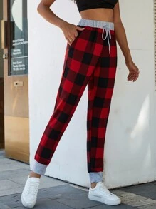 DEARCASE Buffalo Plaid Print Drawstring Waist Joggers - Multicolor - View 1