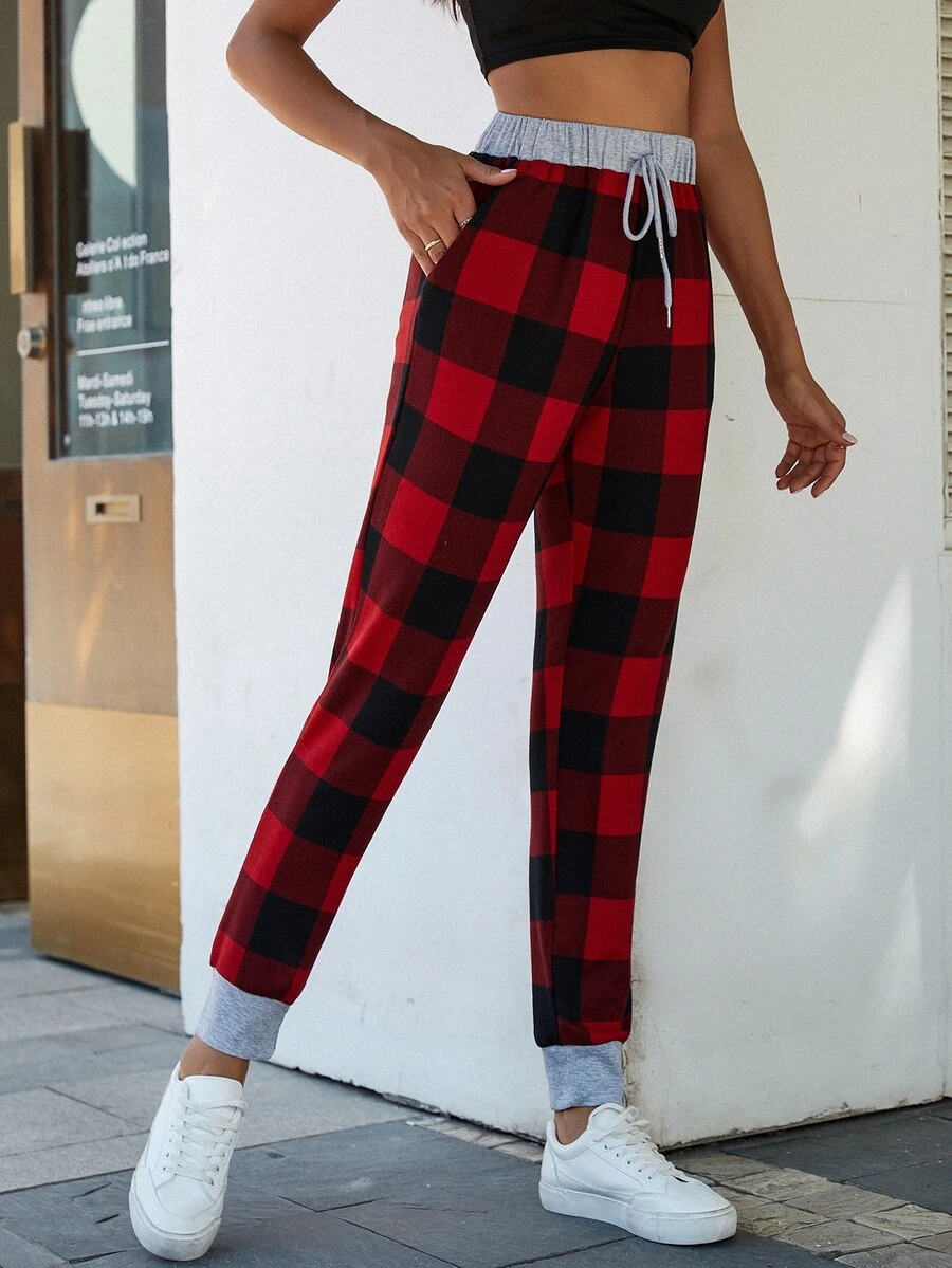 DEARCASE Buffalo Plaid Print Drawstring Waist Joggers - Multicolor - View 1