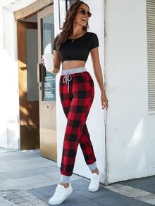 DEARCASE Buffalo Plaid Print Drawstring Waist Joggers - Multicolor - View 4