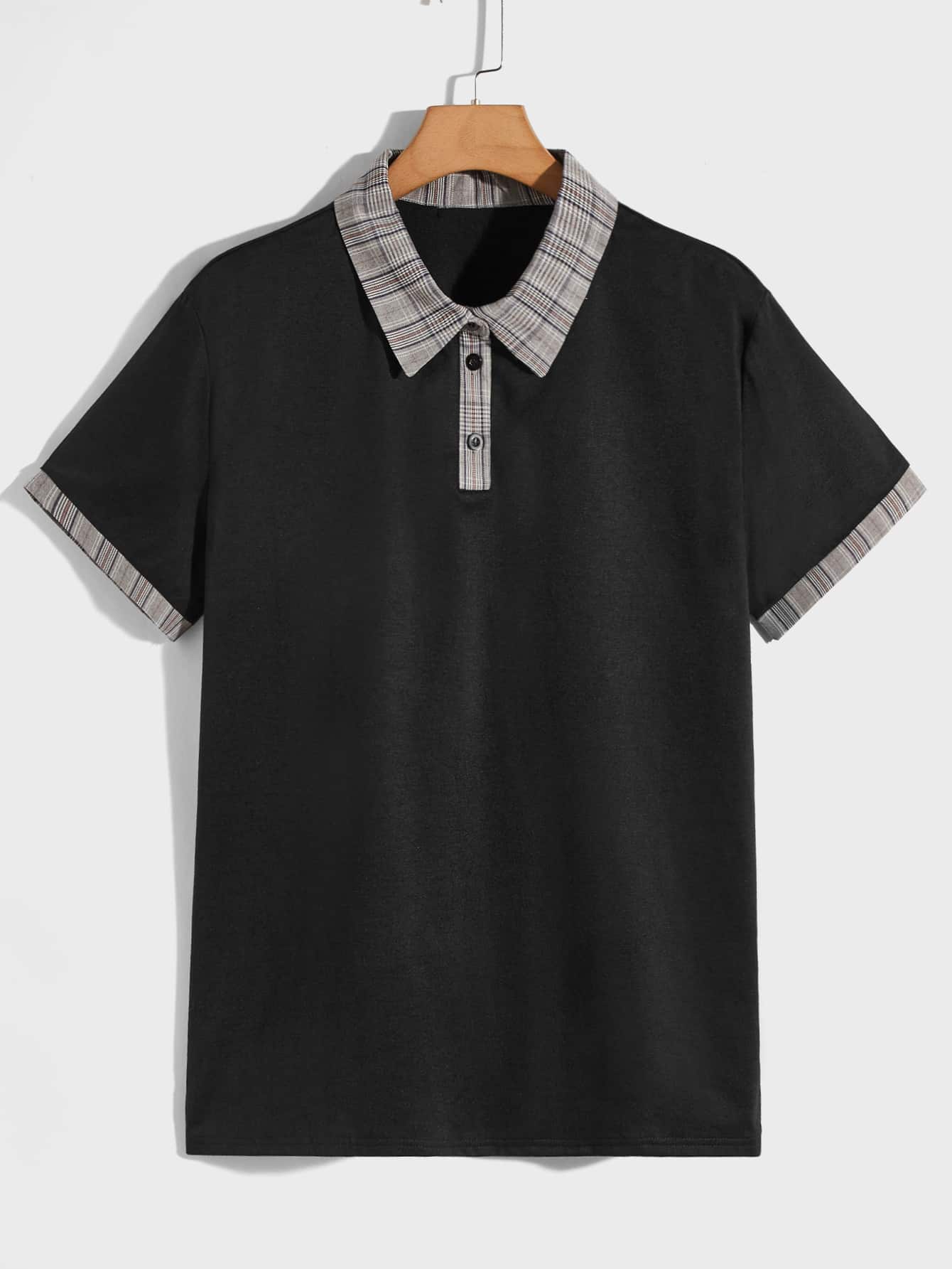 Manfinity 男士拼接格紋翻領POLO衫 - 黑色 - 查看 1