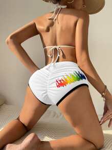 Fire Print Ruched Bikini Bottom, For Summer Beach Vacation