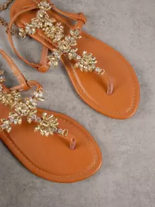 SHUZIA Rhinestone Jewels T Strap With Chain Flat Sandals Summer Shoes Spring Shoes Spring Break Easter Vacation Shoes Casual Shoes Beach Shoes Mother's Day Present - Brown - View 2