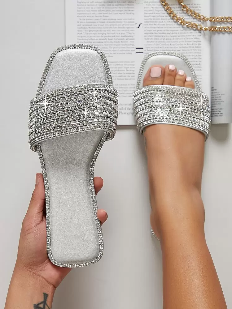 SHUZIA Rhinestone Detail Square Toe Slides - Silver - View 1