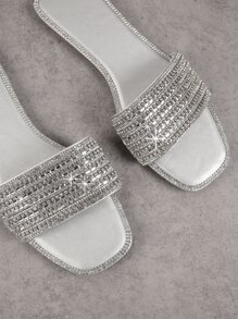 SHUZIA Dép xỏ ngón mũi vuông đính đá Rhinestone - Bạc - Xem 2