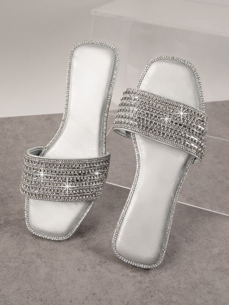 SHUZIA Rhinestone Detail Square Toe Slides - Silver - View 4