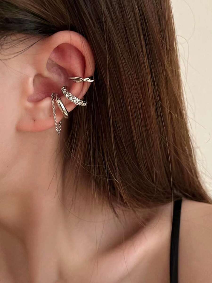 3 cái Rhinestone Decor Ear Cuff Đồ trang sức bằng đồng - Bạc - Xem 1