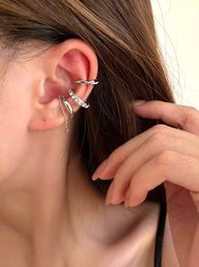 3 cái Rhinestone Decor Ear Cuff Đồ trang sức bằng đồng - Bạc - Xem 2