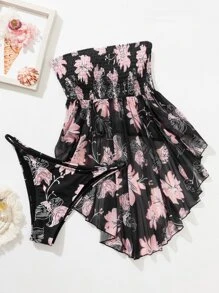 Floral Print Smocked Bust Swim Dress With Bikini Bottom - Baby Pink - View 6