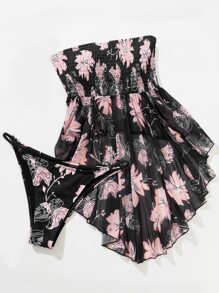 Floral Print Smocked Bust Swim Dress With Bikini Bottom - Baby Pink - View 3