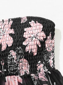 Floral Print Smocked Bust Swim Dress With Bikini Bottom - Baby Pink - View 5