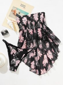 Floral Print Smocked Bust Swim Dress With Bikini Bottom - Baby Pink - View 7