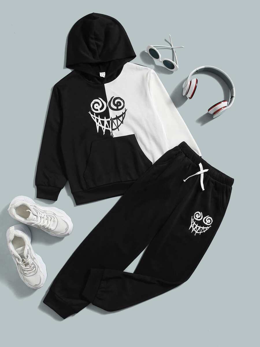 SHEIN Bộ hai mảnh Trai Dây kéo Túi Đồ họa Giải trí - màu đen - Xem 1