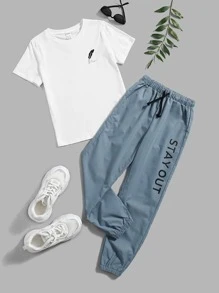 SHEIN Bộ hai mảnh Trai Dây kéo Túi Lá thư Bộ lạc Giải trí - Xanh và trắng - Xem 1