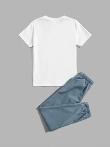 SHEIN Bộ hai mảnh Trai Dây kéo Túi Lá thư Bộ lạc Giải trí - Xanh và trắng - Xem 2