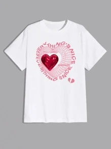 ROMWE MEN Prep Áo thun cotton nam Slogan hình trái tim Y2k, trường học - trắng - Xem 1
