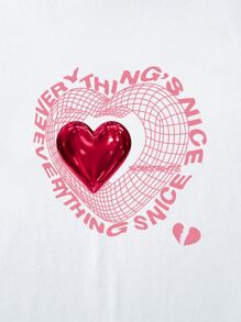 ROMWE MEN Prep Áo thun cotton nam Slogan hình trái tim Y2k, trường học - trắng - Xem 4