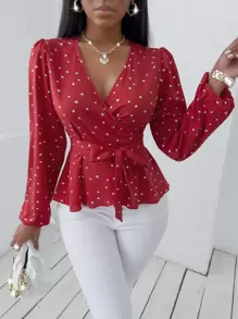 SHEIN VaVaLuxe Random Heart Print Surplice Neck Belted Blouse - Red - View 1