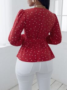 SHEIN VaVaLuxe Random Heart Print Surplice Neck Belted Blouse - Red - View 2