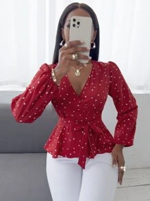 SHEIN VaVaLuxe Random Heart Print Surplice Neck Belted Blouse - Red - View 4