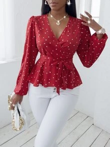 SHEIN VaVaLuxe Random Heart Print Surplice Neck Belted Blouse - Red - View 5