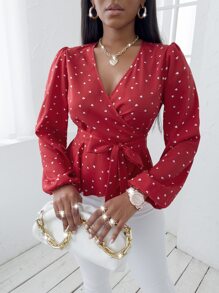 SHEIN VaVaLuxe Random Heart Print Surplice Neck Belted Blouse - Red - View 6