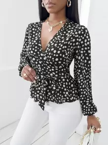 Chiquease 随机斑点狗印花灯笼袖系带衬衫，长袖上衣 - 黑色 - 查看 6