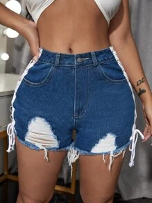 SHEIN SXY 側邊綁帶破洞毛邊牛仔短褲 - 中等水洗藍 - 查看 5