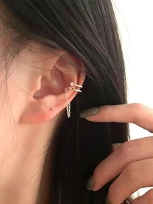 Versatile Minimalist Chain Double-Layer Clip-On Earrings - Yellow Gold - View 2