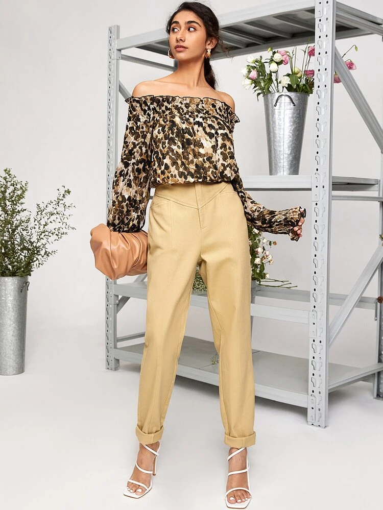 Off Shoulder Allover Print Lettuce Trim Contrast Binding Bodysuit