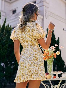 Simplee Allover Print Puff Sleeve Wrap Belted Dress - Multicolor - View 2