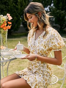 Simplee Allover Print Puff Sleeve Wrap Belted Dress - Multicolor - View 5