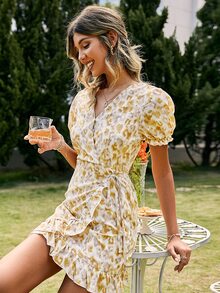 Simplee Allover Print Puff Sleeve Wrap Belted Dress - Multicolor - View 3