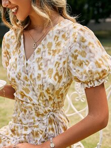 Simplee Allover Print Puff Sleeve Wrap Belted Dress - Multicolor - View 6