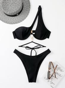 綁帶單肩下托比基尼泳裝 - 黑色 - 查看 5