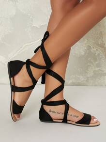 SHUZIA Faux Suede Ribbon Leg Wrap Flat Sandals Summer Shoes Spring Shoes Spring Break Easter Vacation Shoes Casual Shoes Beach Shoes Mother's Day Present - Black - View 4