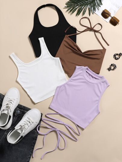 4pcs Knot Detail Rib-knit Top