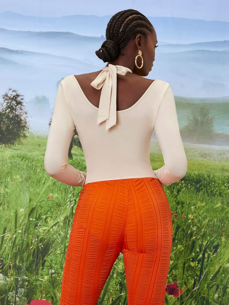 SHEINNeu T-shirt découpe dos-nu à nœud asymétrique - Nude - Voir 2